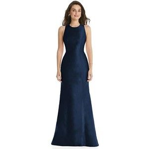 NWT Alfred Sung Princess Line Satin Twill Trumpet Maxi Dress Midnight Navy 16